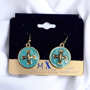 Gold tone turquoise enamel round button dangle earrings